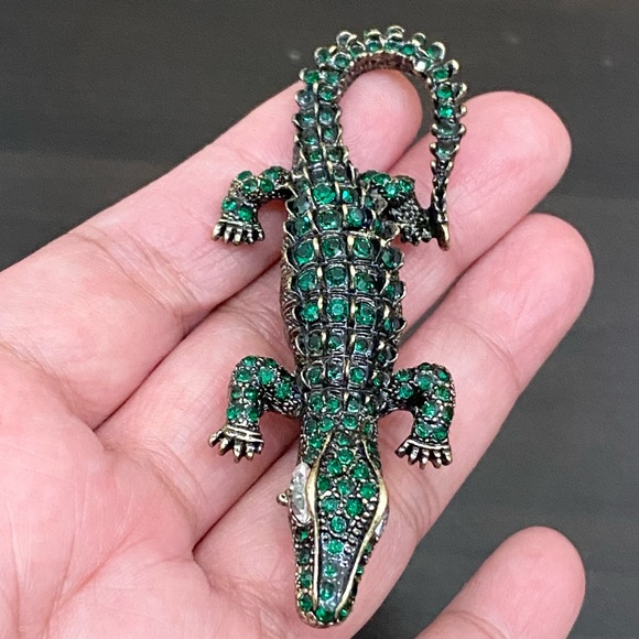Antique Style Green Alligator Gator Crocodile Rhinestones Bling Brooch - Picture 3 of 12
